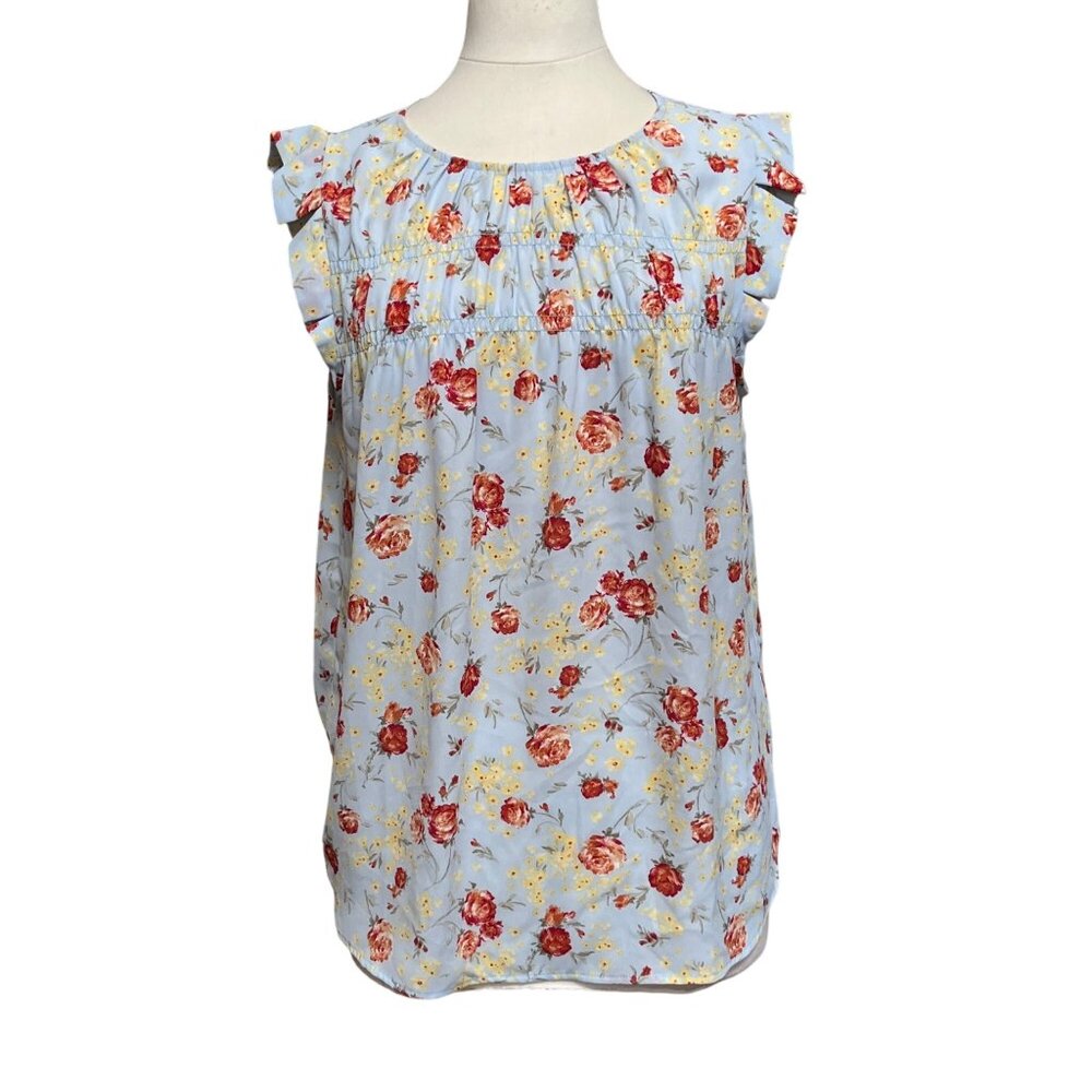 Pleione Floral Print Smock Sleeveless Top Blue Ruffle Sleeves Cottagecore Sz L